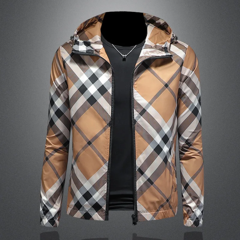 

Корейская версия новой высококачественной повседневной куртки, модная клетчатая полосатая куртка с капюшоном, мужская повседневная приталенная куртка