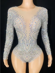 Sparkly Rhinestones Long Sleeve Mesh Transparent Bodysuit Sexy Dance Costume Performance Club Leotard Stage Wear