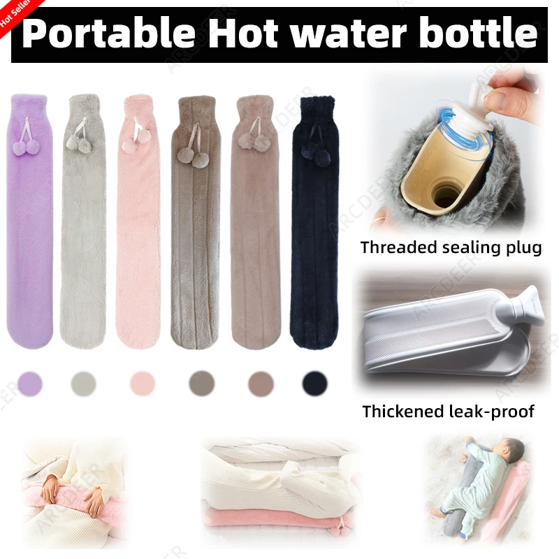 1L Long Hot Water Bottles Waist Warm Bag for Back Foot Rubber Water Injection Warmer Water Bags Anti Scalding Plush Warm Tool