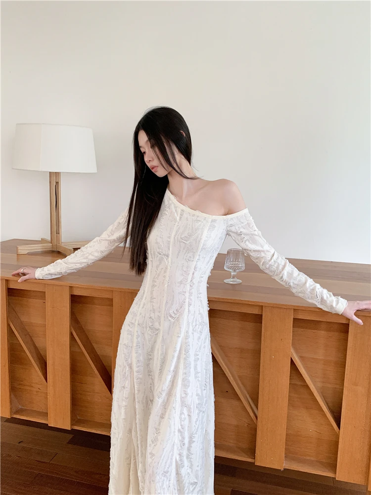 CHEERART One Shoulder Long Sleeve Knitted Maxi Dress Women White A Line Rip Tunics Long Dress Elegant 2024 Fall Fashion Clothes