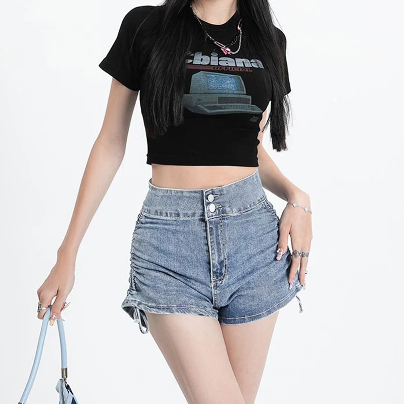2026 Summer Ins Fashion Designer Women Jeans Lady High Waist Thin Blue Denim Shorts Female Chic A-Line Short Pants