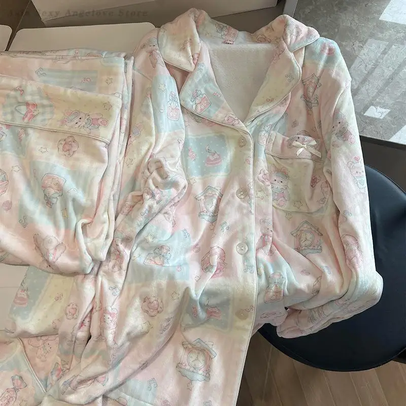 

Пижама с милым мультяшным медведем, домашняя одежда, зимний утепленный флисовый пижамный комплект с островом, домашняя одежда, топ с длинными рукавами и брюки, пижамы