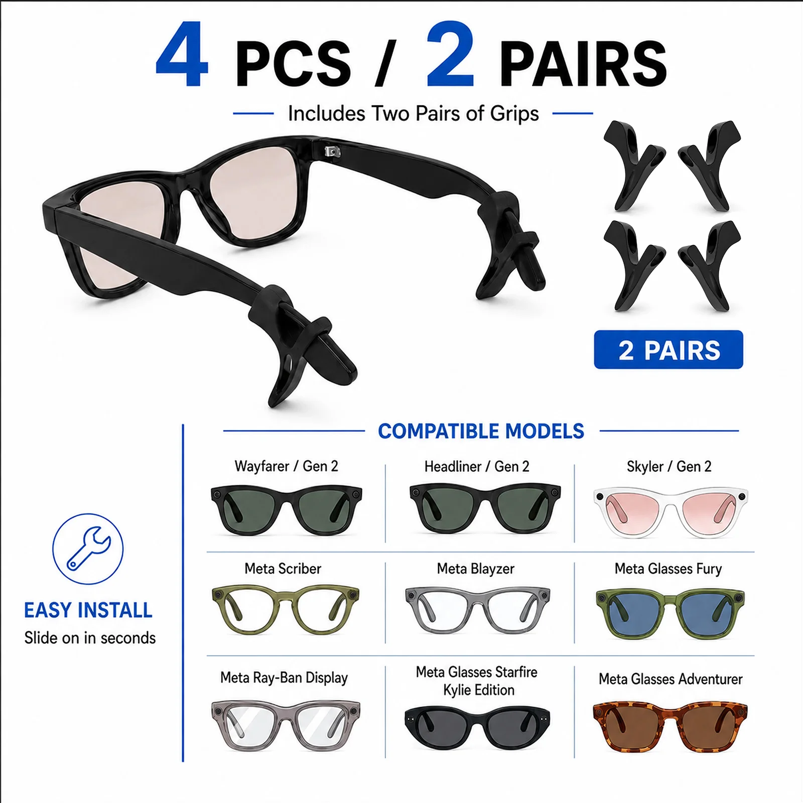 4pcs Compatible with Ray-Ban Meta Smart Glasses, Easy Install, Reinforced Grip, Adjustable Silicone Eyeglass Ear Grips