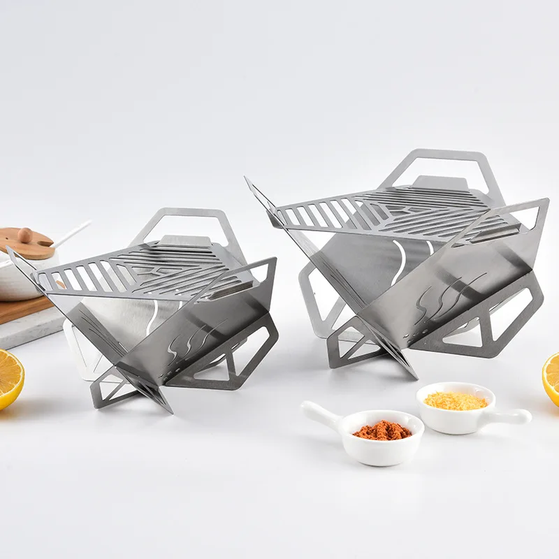 1pc Portable Stainless Steel Mini BBQ Grill Triangular Lotus Card Stove for Outdoor Camping Home Barbecue Cooking