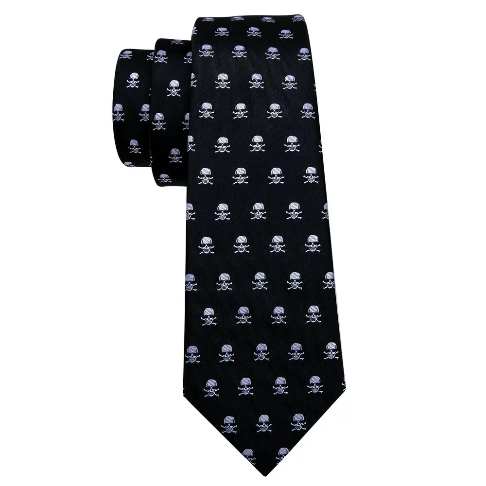 Black Skull Pattern Men Tie High Quality Silk Woven Pocket Square Cufflinks Sets Business Party Gifts Barry.Wang Designer 5326