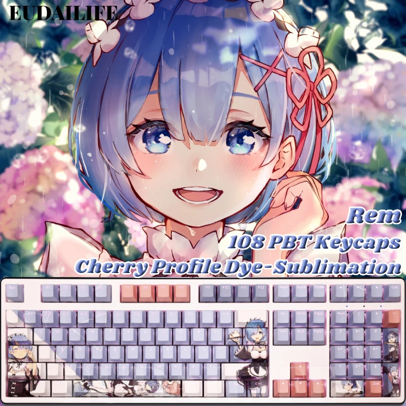 Rem 108 Key Caps Re Zero Anime PBT DYE Sublimation Light Transmitting Cherry Switch Cross Key Cover for Mechanical Keyboard Gift