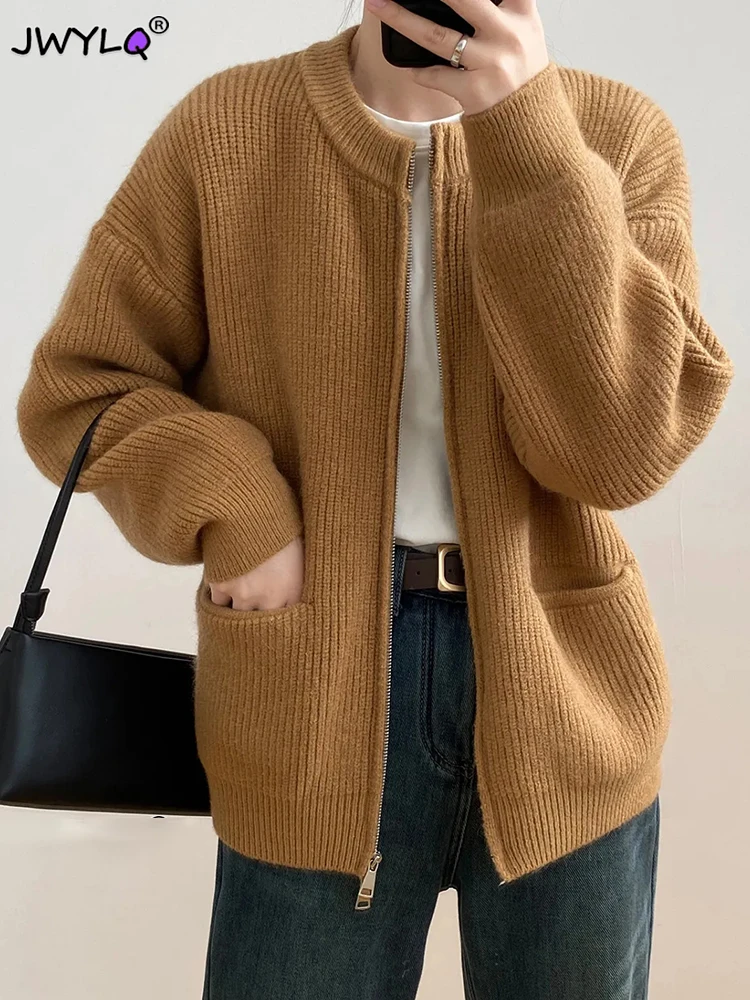 Solid Color Simple O-neck Double Zipper Cardigan Women Autumn Winter Long Sleeve Pockets Warm Knitted Coats Casual Loose Sweater