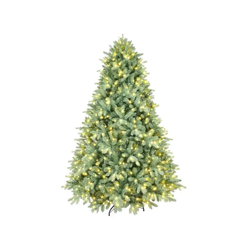 Artificial 8ft Blue Green Christmas Tree with 3308 Mixed Branch Tips, 900 Warm White LEDs, Hinged Base for Indoor Holiday Decor