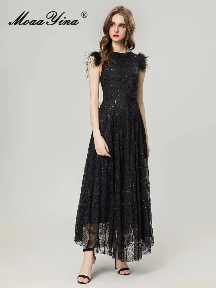 MoaaYina Summer Fashion Designer High Quality Women Dress Vintage Sequins Net Yarn Flowers Embroidery Feathers Temperament Dress