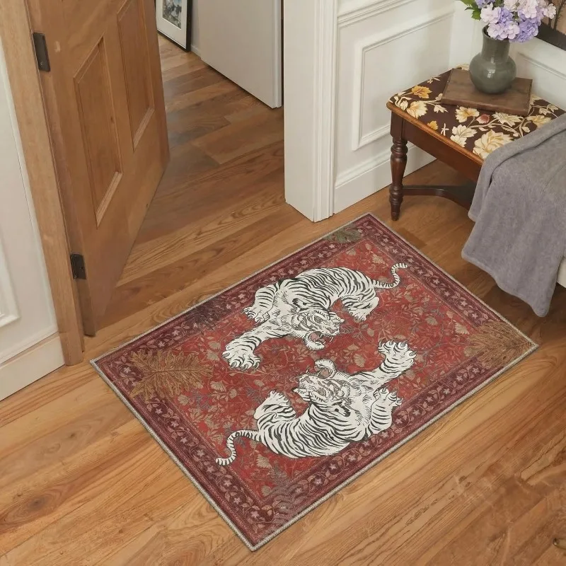 Vintage Tiger Floral Door Mat Botanical Tiger Print Non-Slip Entryway Rug Exotic Traditional Oriental Chinoiserie Themed Rug