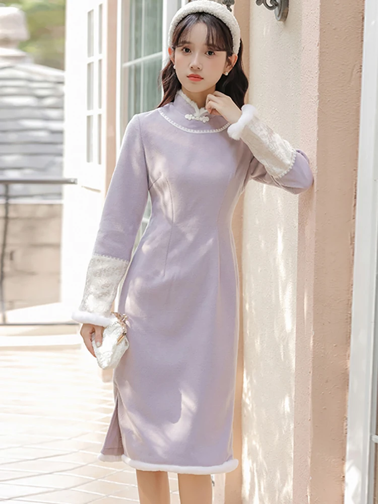 2024 New Purple Long Sleeve Stand Collar Long Dress Autumn Winter Thick Warm Casual Dress Women Korean Vintage Elegant Vestidos