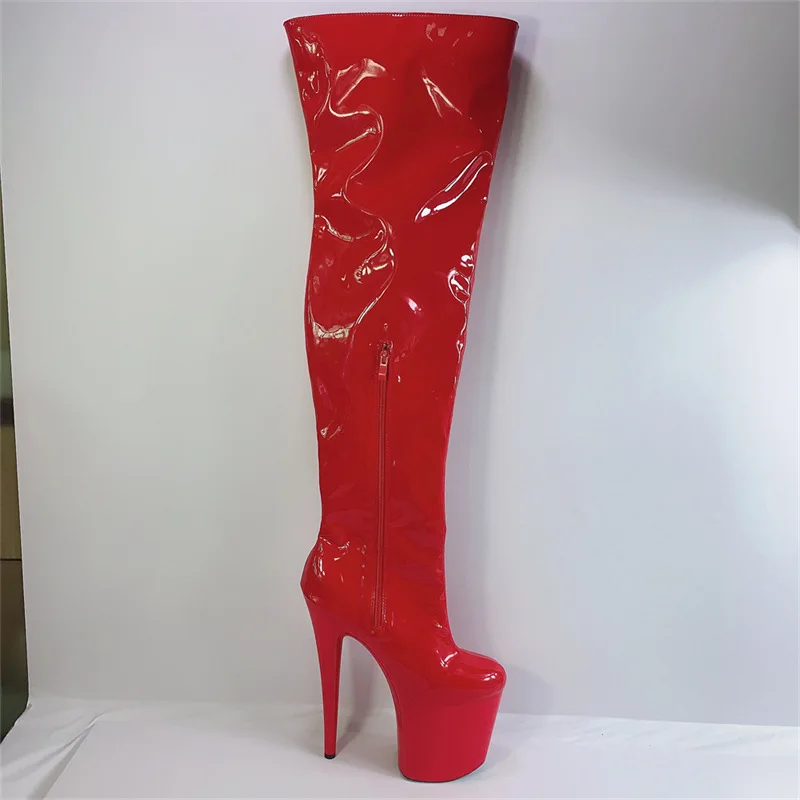20cm ultra-high heels, waterproof platform over-the-knee boots, red patent leather pole dancing performance boots for women 46