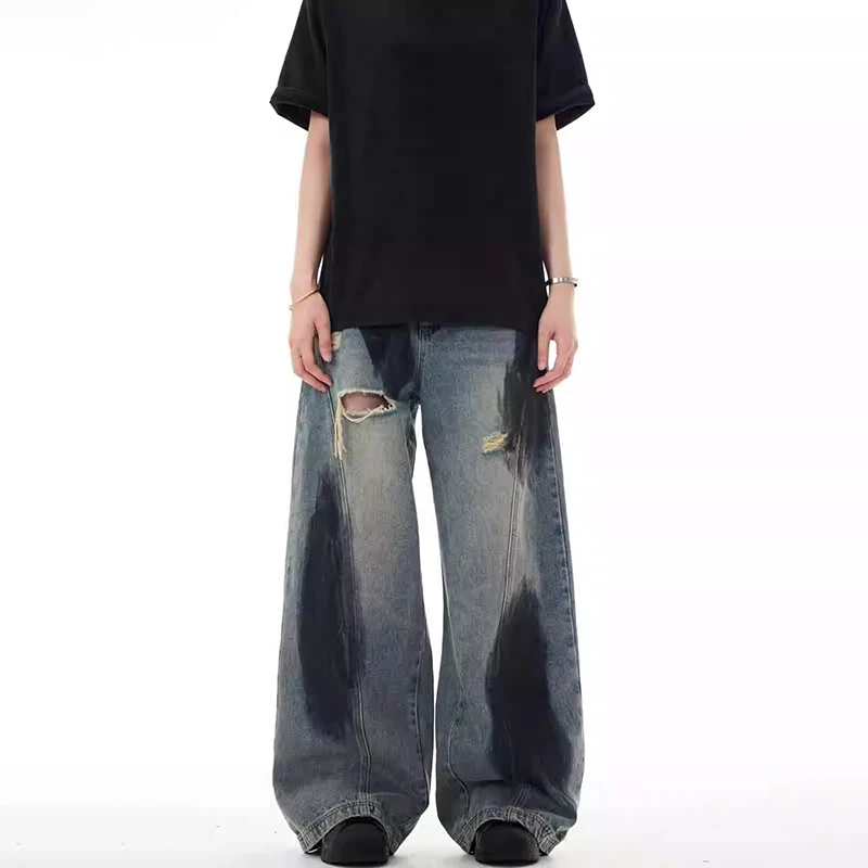 Retro herenbroek met rechte pijpen, casual broek, gescheurde denim, jeans in paarstijl, mode-jeans, blauwe jeans met kleurblokken