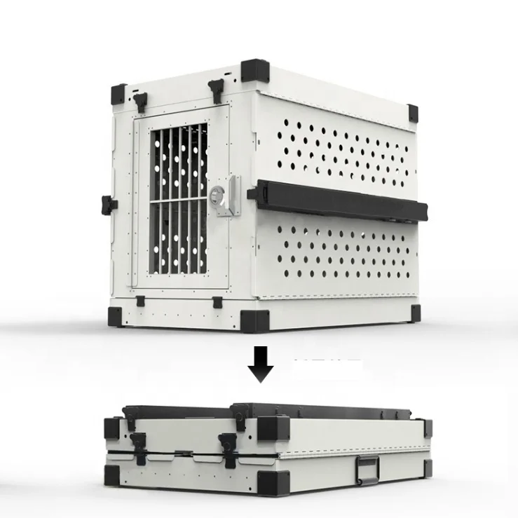 

Large Luxury Aviation Aluminum Dog Transport Crate Foldable With Thickened Ventilation Firm Cage With Wheels