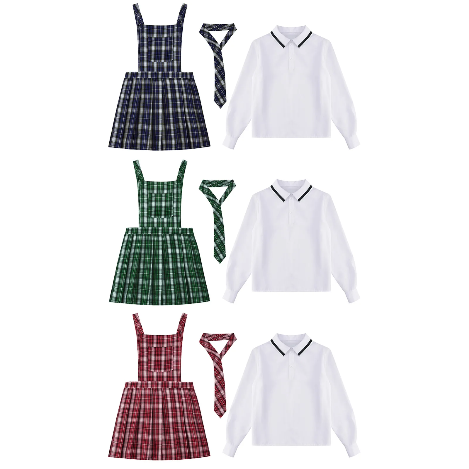 3pcs New Girls School Uniform Sleeveless Pleated Overall Dress Tie Long Sleeve Pullover Shirt for Graduation Cosplay Party Stage