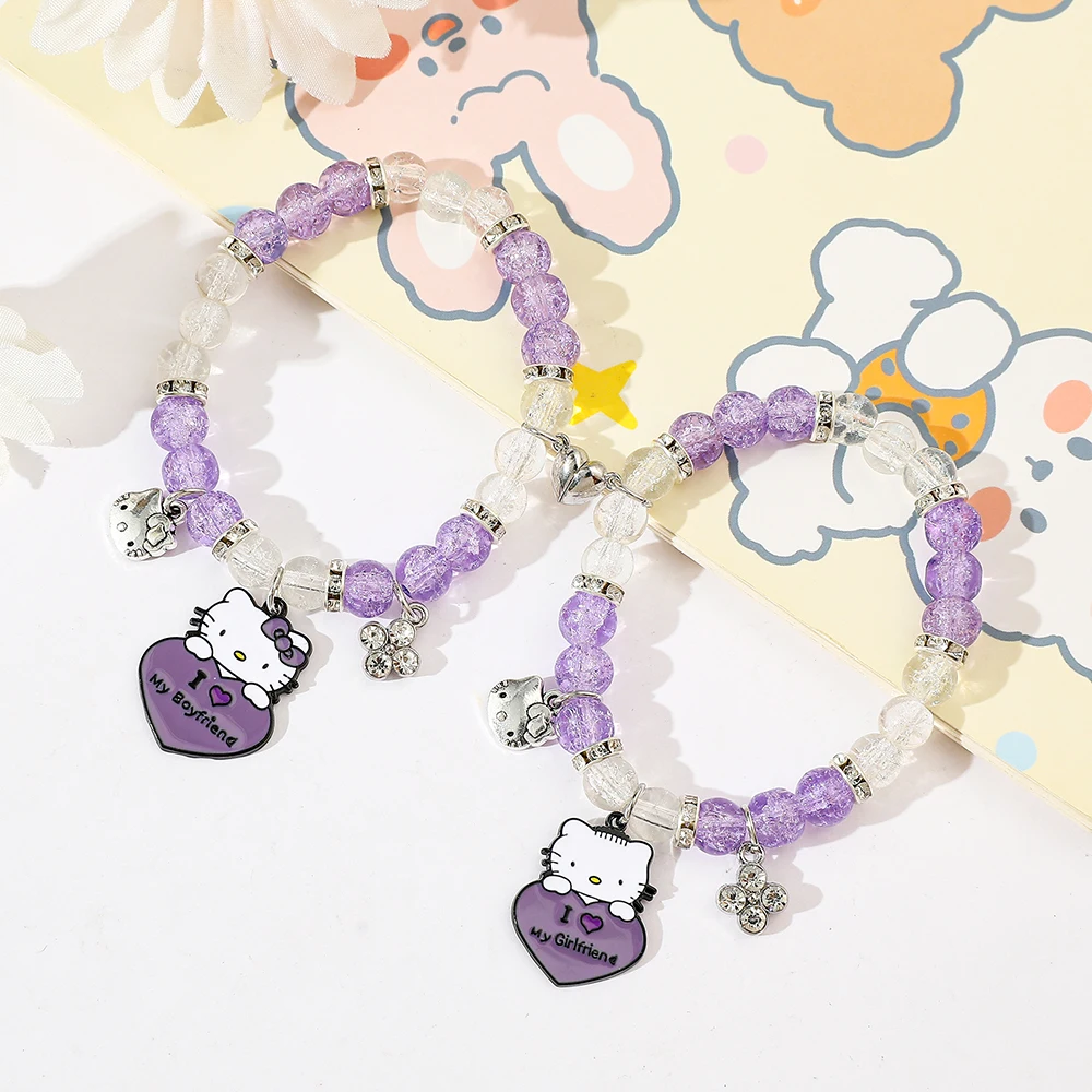 Sanrio การ์ตูนน่ารัก Hello Kitty สร้อยข้อมือสีม่วงประณีต Hello Kitty กําไลข้อมือสําหรับผู้หญิงผู้ชายคู่เครื่องประดับของขวัญ