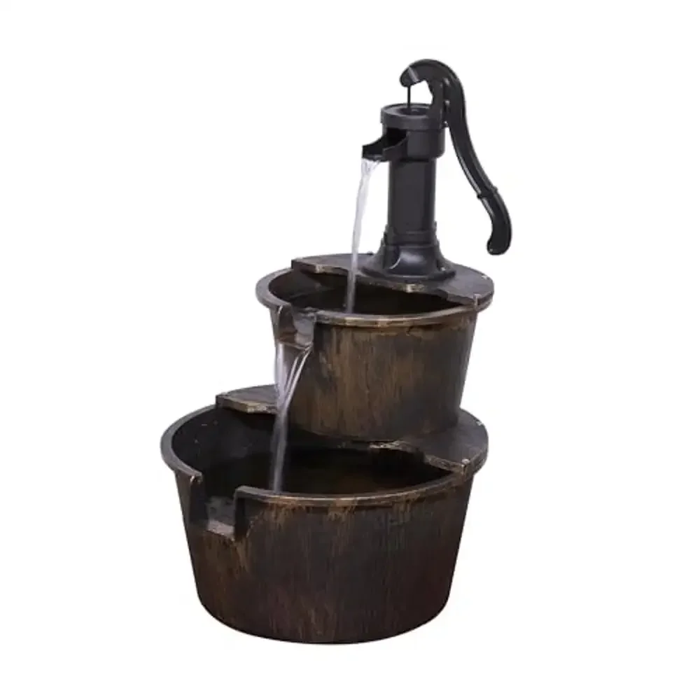 

Barrel Pump Water Fountain 2-Tiered Rustic Country Garden Decor Peaceful Ambiance 27" Bronze