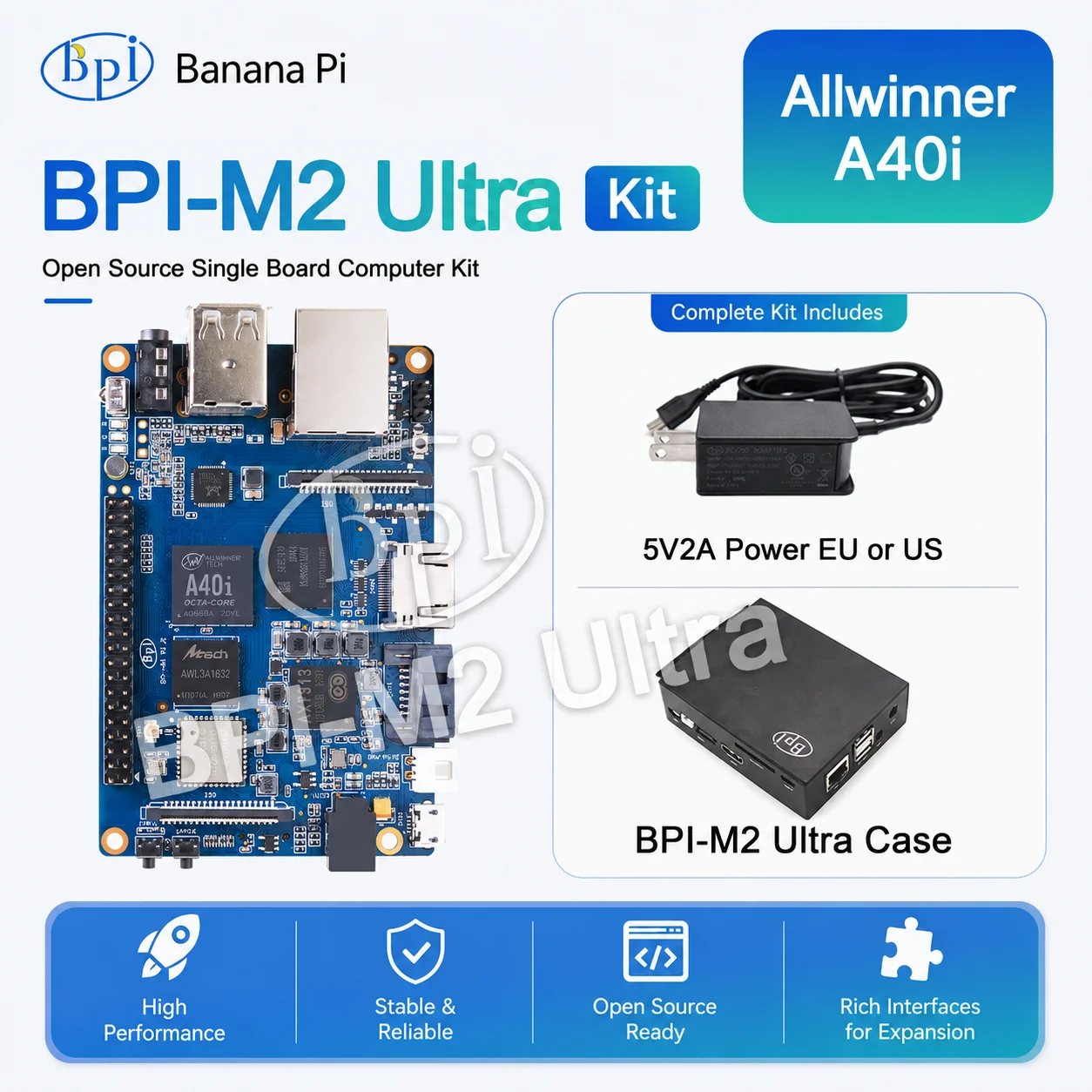 Banana Pi BPI-M2 Ultra Kit Allwinner A40i 2GB DDR3 RAM 8GB eMMC SBC Circuit Board Networking Open-source IoT development board