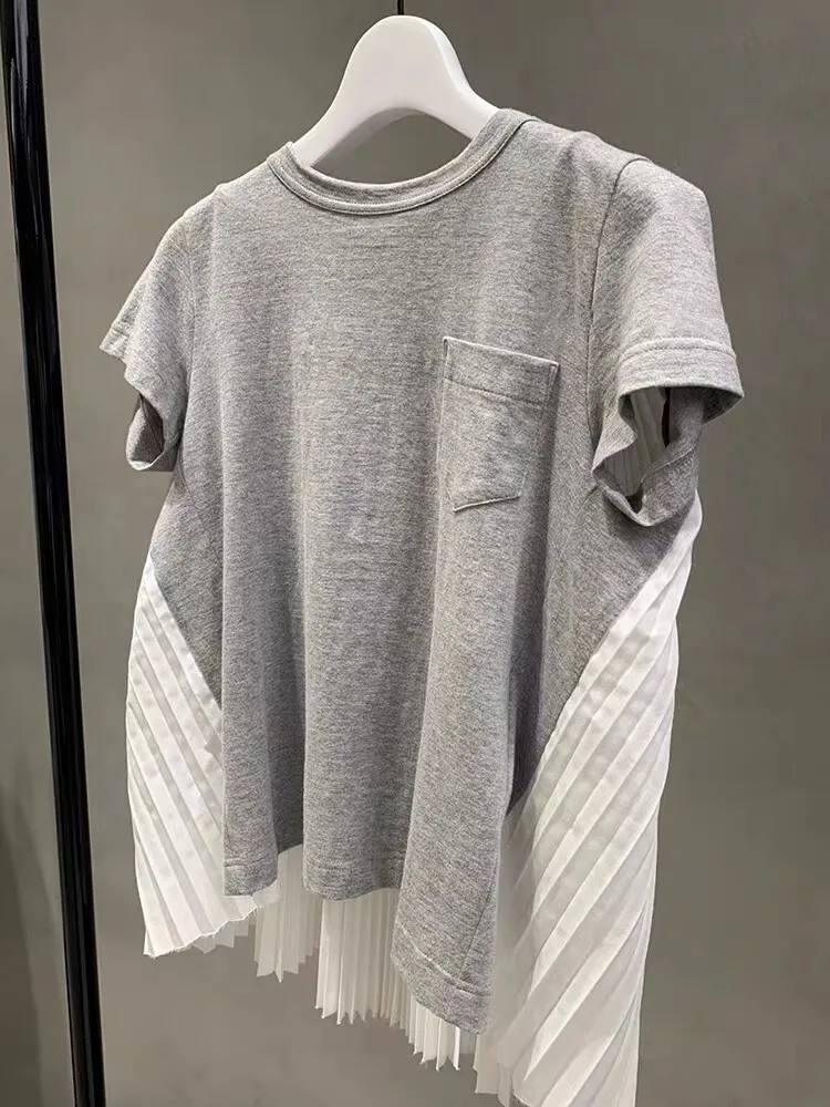 

SAC short-sleeved new solid color loose back pleated splicing T-shirt