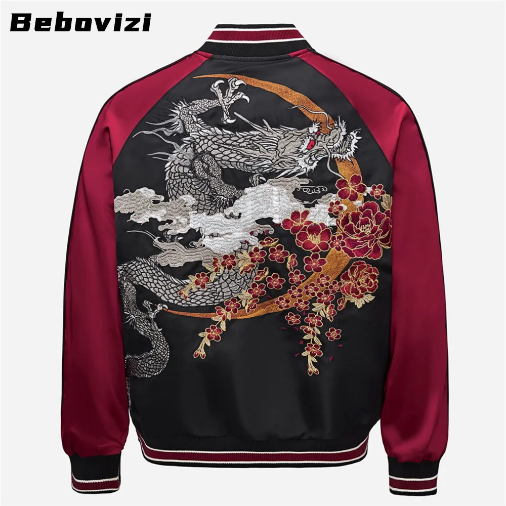 Red Baseball Jacket High Quality Dragon Embroidered Yokosuka Coat Men Motorcycle Hip Hop Streetwear Harajuku Motorcycle Jacket