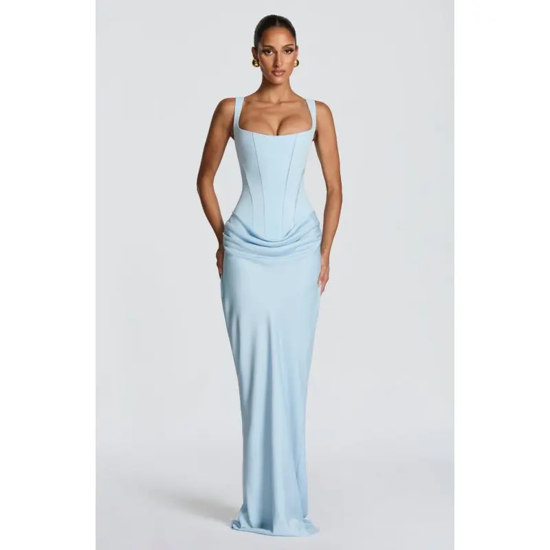

European and American casual long sleeved slim fit fishbone pure desire suspender slim fit solid color hip hugging dress
