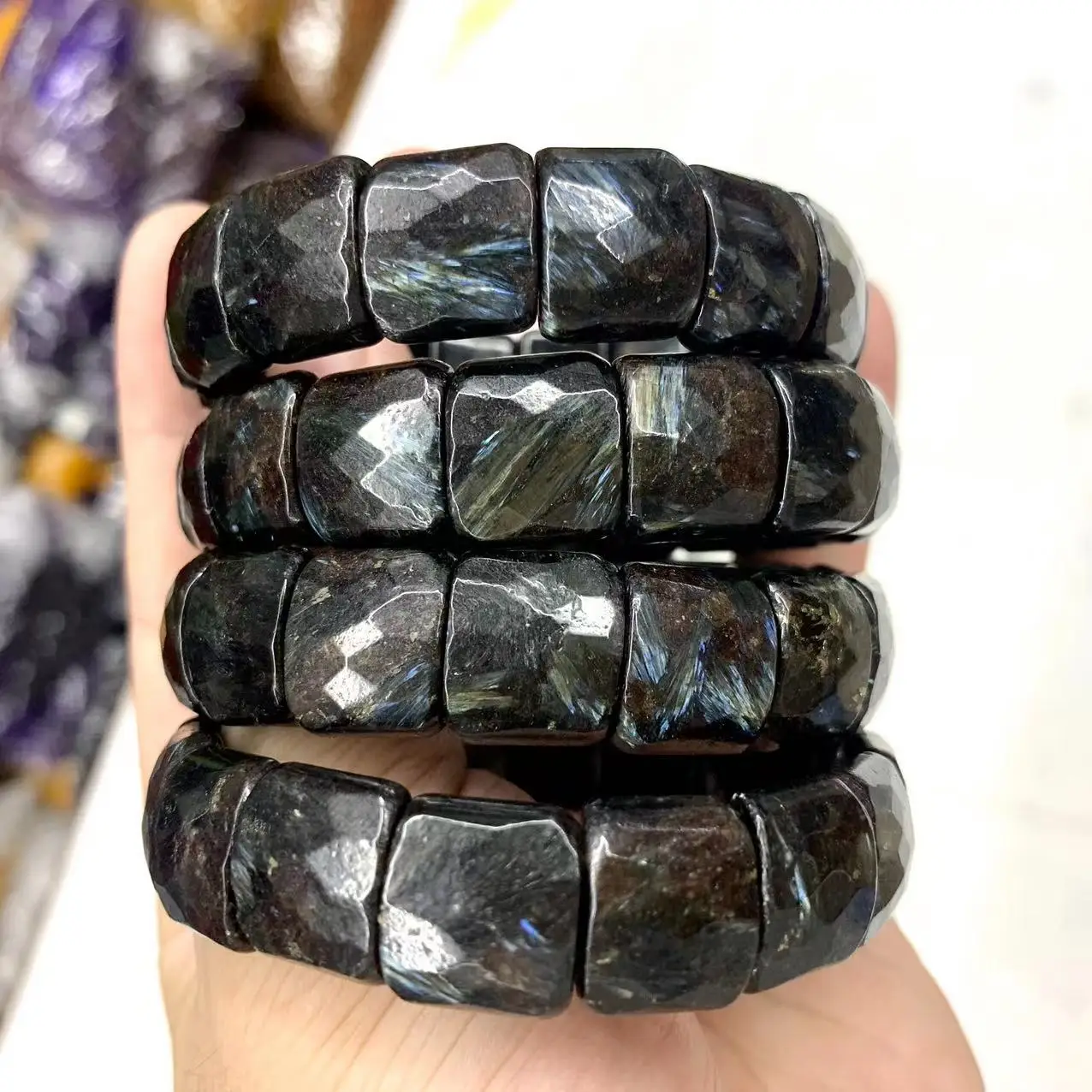 Astrophyllite Hornblende Stone Bracelet Natural Arfvedsonite Amphibole Gemstone Jewelry Bangle For Women For Men For Gift