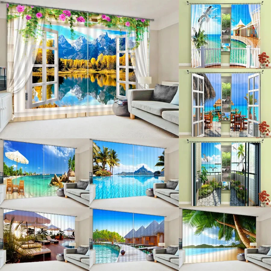 

Curtains for Bedroom Block Sunlight Living Room Window Curtain Semi-Blackout Seaside Scenic High Shading Outdoor Home Decor3D