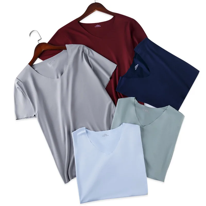 Men V Neck Ice Silk T Shirt Seamless Solid Color Slim Short 