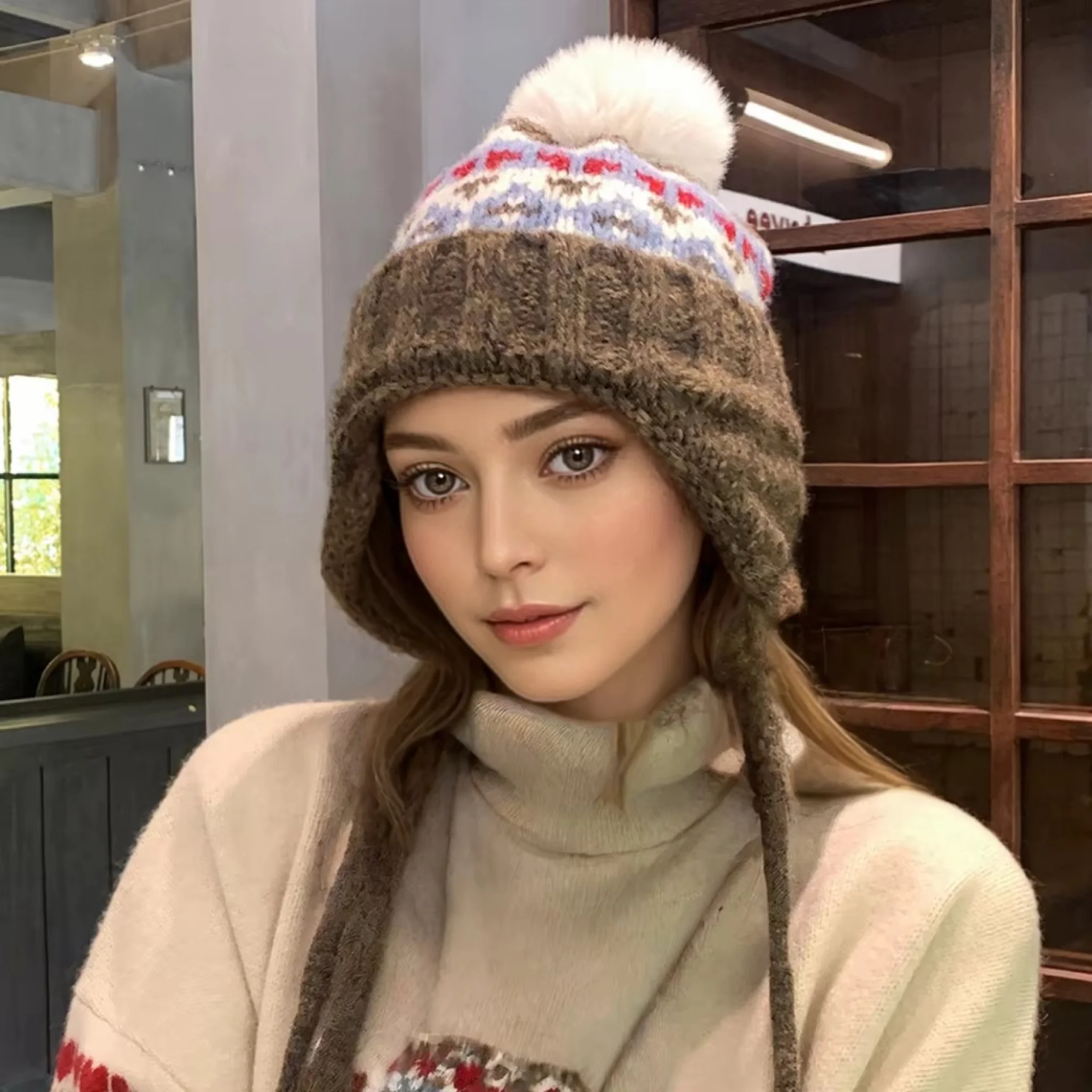 Nuovo stile moda cappelli a cuffia inverno caldo pompon berretto Dandy berretti per le donne modello a losanga inverno lavorato a maglia cappelli ragazza regalo