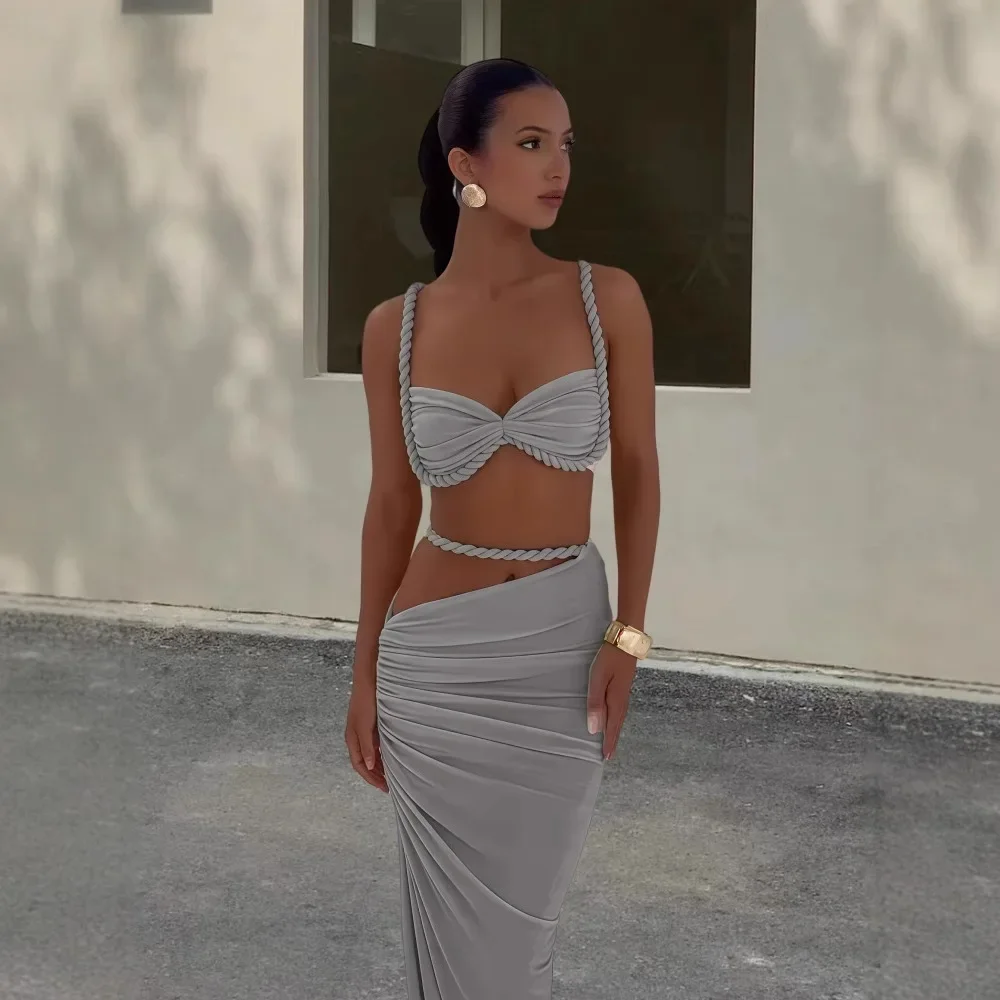 

2025 New Summer Sexy Women Two Piece Set Bandage Ruched Square Collar Bra+Skinny Long Skirts Vacation Beach Party Trend Suits
