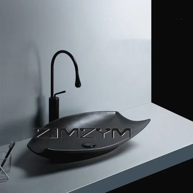 Nordic Simple Ceramic Bathroom Sinks, Black Single Basin, Kitchen Washing Hand Basin,Countertop Sinks, Washbasin Sink, Water Tap