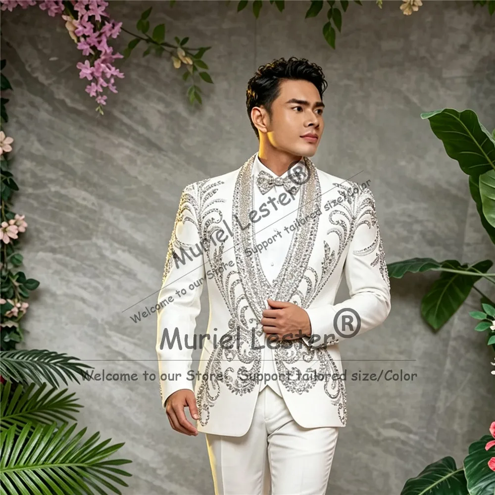 Customized Men Suits For Wedding Rhinestone Prom Tuxedo Sequin Shawl Lapel Ropa Hombre Slim Fit Groom Tuxedo 3 Piece Man Clothe
