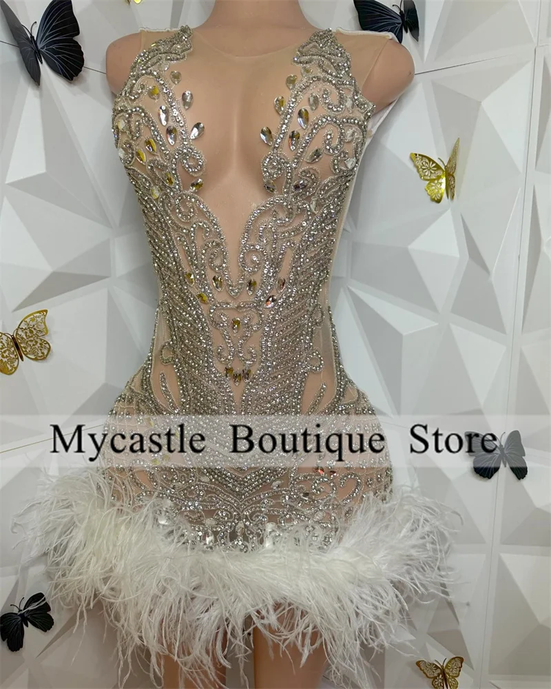 

Silver Crystals Rhinestones Short Prom Dress Black Girl 2025 Feathers Beaded Mini Cocktail Dress Homecoming Dress Customized