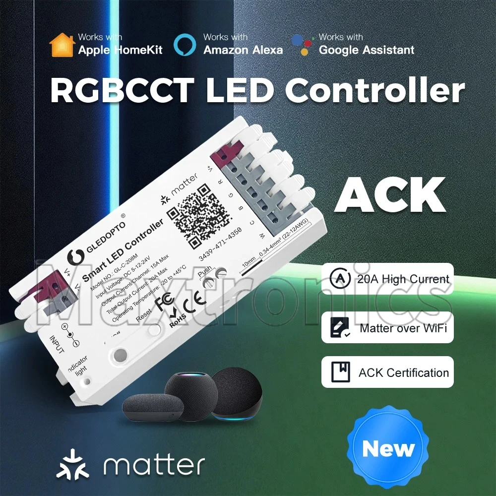 2026 ACK GLEDOPTO Matter 2.4GHz Wi-Fi Controller GL-C-208M  Alexa APP Voice Control 20A Max for Dimmer White RGB CCT LED Strip