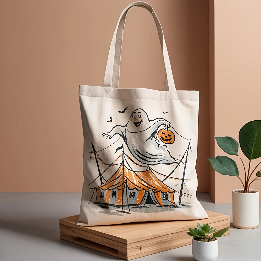 Circus Ghost Pumpkin Tote Bag Vintage Halloween Sketch Print Reusable Shopping Shoulder Bag for Daily Walk Halloween Gifts Bags