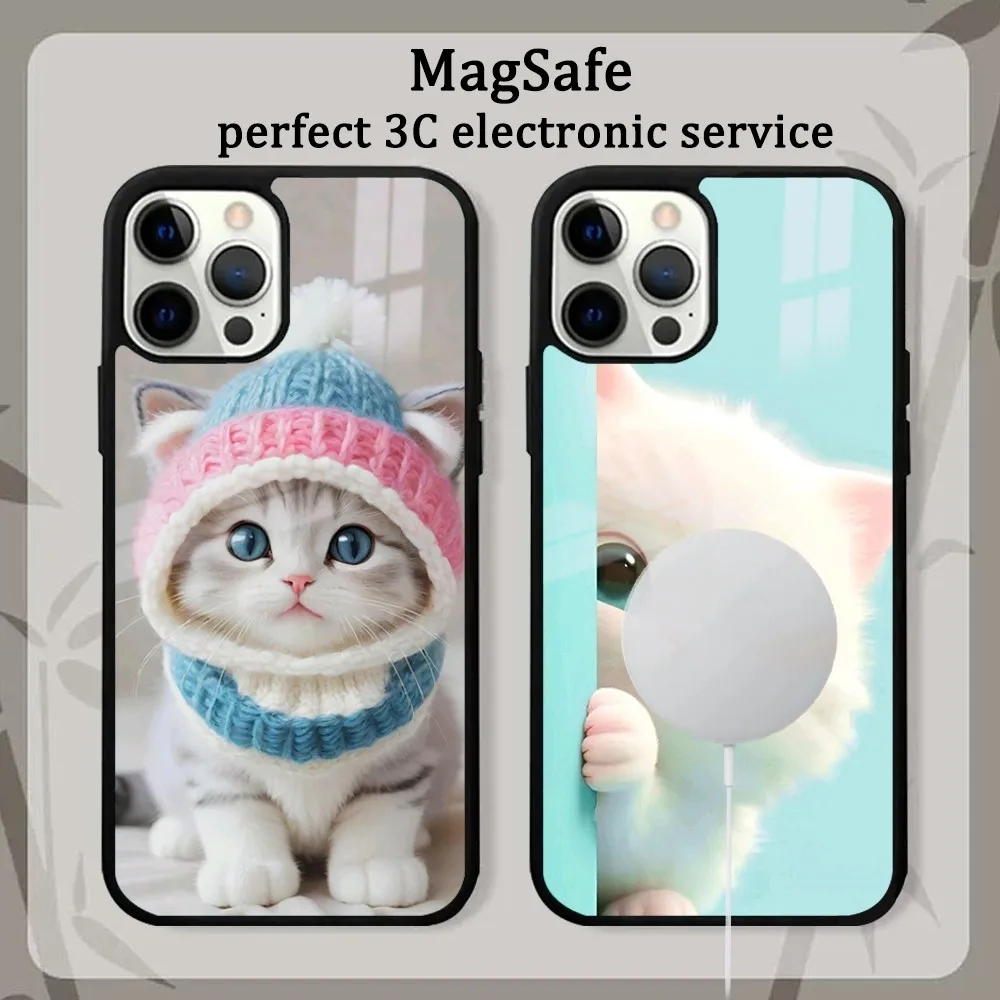 Cute Marshmallow cat Phone Case For iPhone 15 14 13 12 11 Pro Max Plus Mini Mirror Magnetic Cover