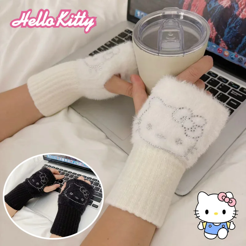 Sanrio Hello Kitty rękawiczki z półpalcami dla kobiet moda zimowe ciepłe miękkie rękawiczki dziewiarskie Casual Cartoon rękawiczki bez palców prezenty