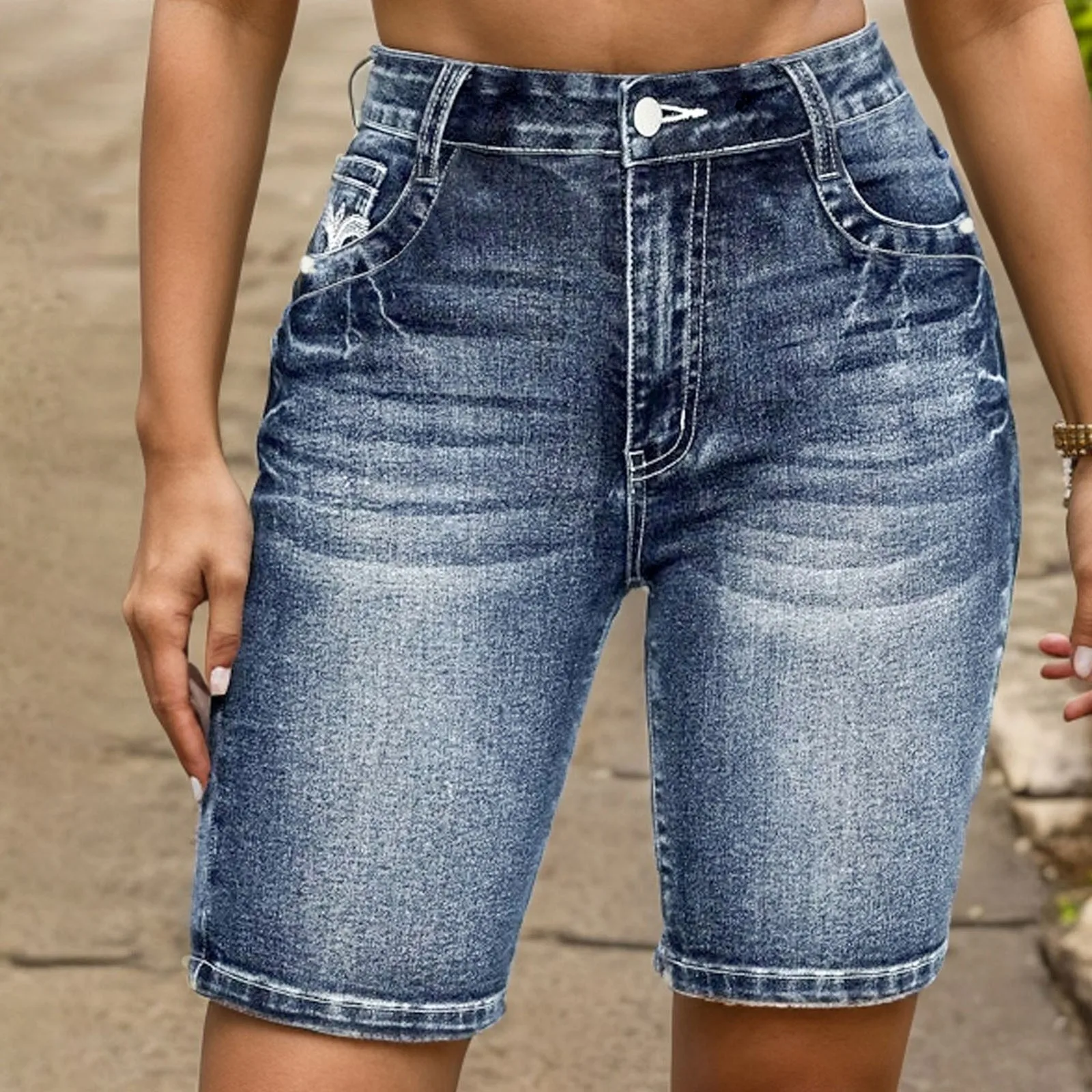 Blue Slim Fit Bermuda Denim Shorts, Single-Breasted Button Whiskered Denim Shorts, Women'S Denim Jeans & Clothing