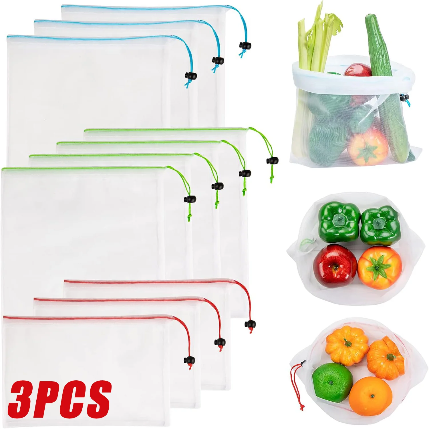 

3Size Colorful Reusable Fruit Vegetable Bags Net Bag Produce Washable Mesh Bags Kitchen Storage Bags Toys Sundries