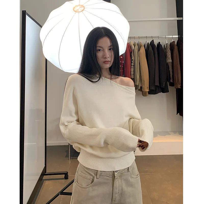 

One Shoulder Beige Knitted Sweater Women's Long Sleeve Pull Waist One-Shoulder Sweatshirt Jumper Pulls Fall Winter New Pullover