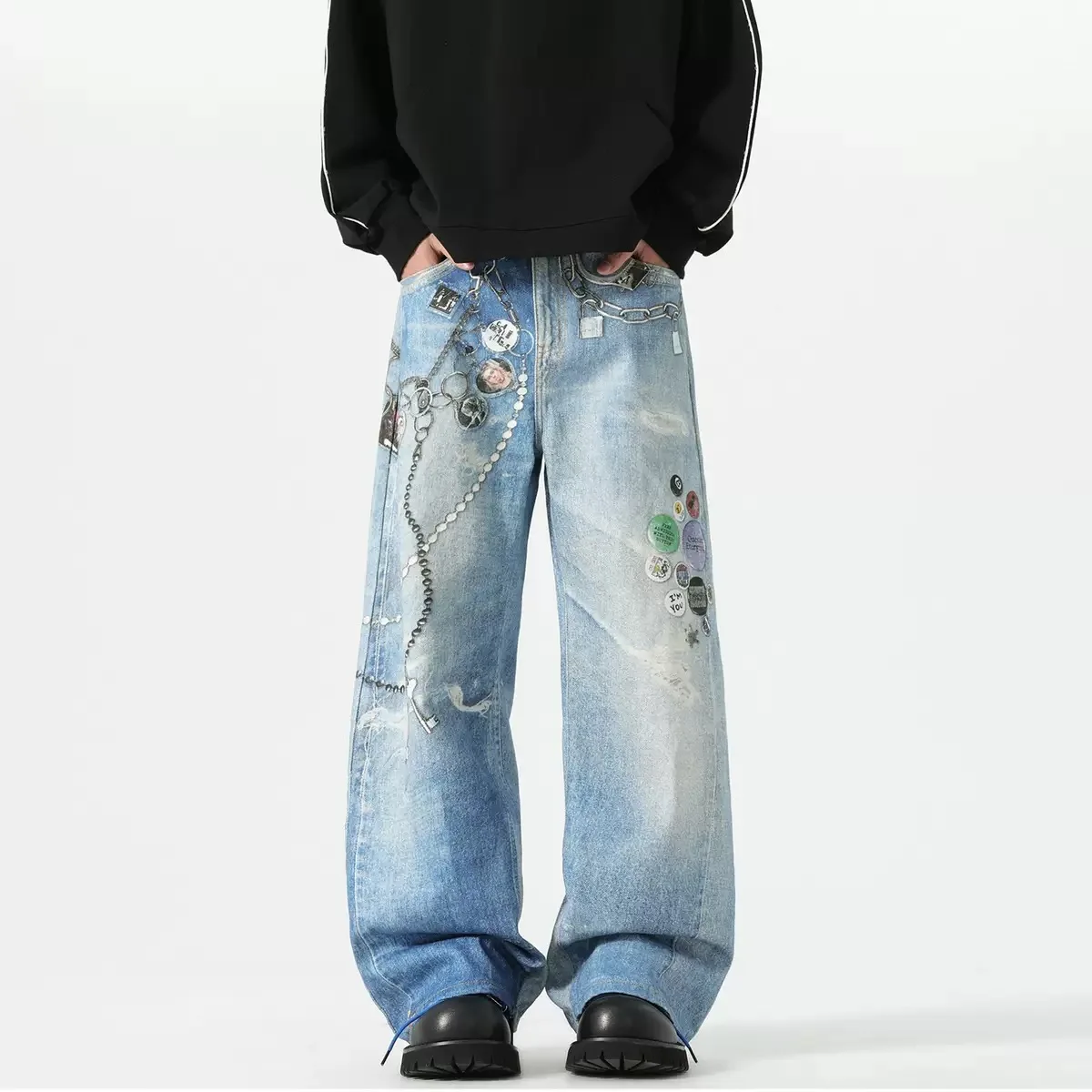 

Весенне-осенние модные трендовые джинсы с принтом в американском ретро-стиле, свободные, повседневные, спортивные, высококачественные мужские брюки