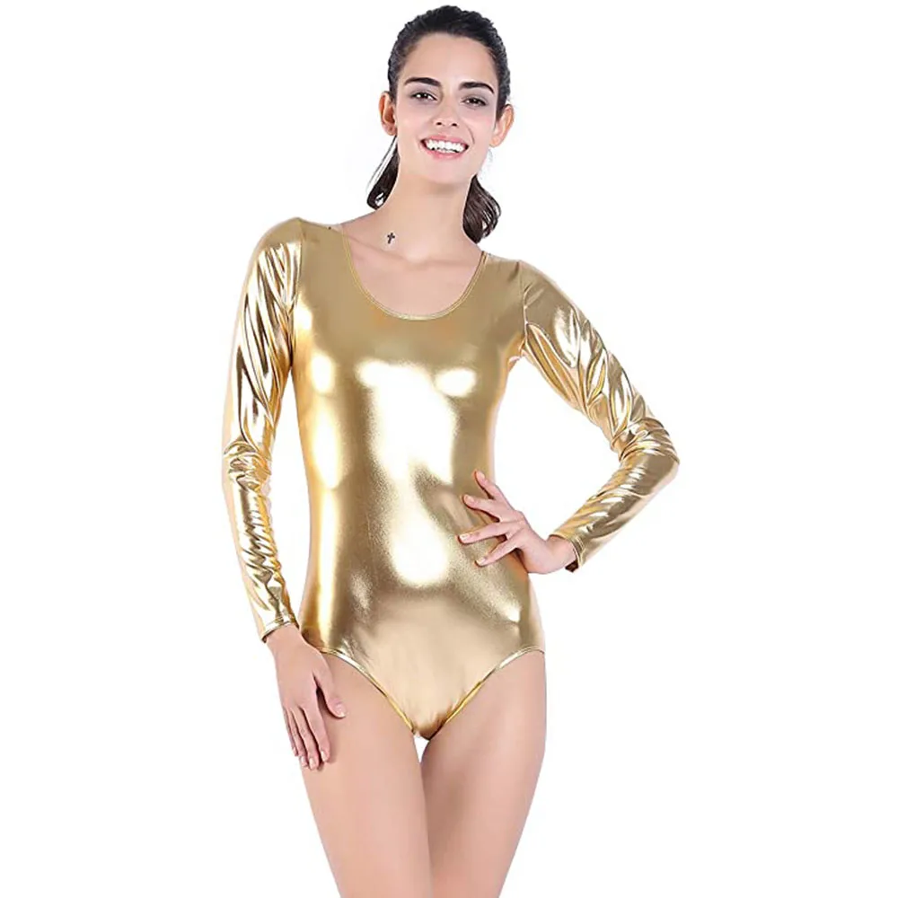 AOYLISEY – justaucorps de danse métallique brillant pour femmes, or, col rond, vêtements de Ballet, body de gymnastique, manches longues, Costumes de scène pour adultes