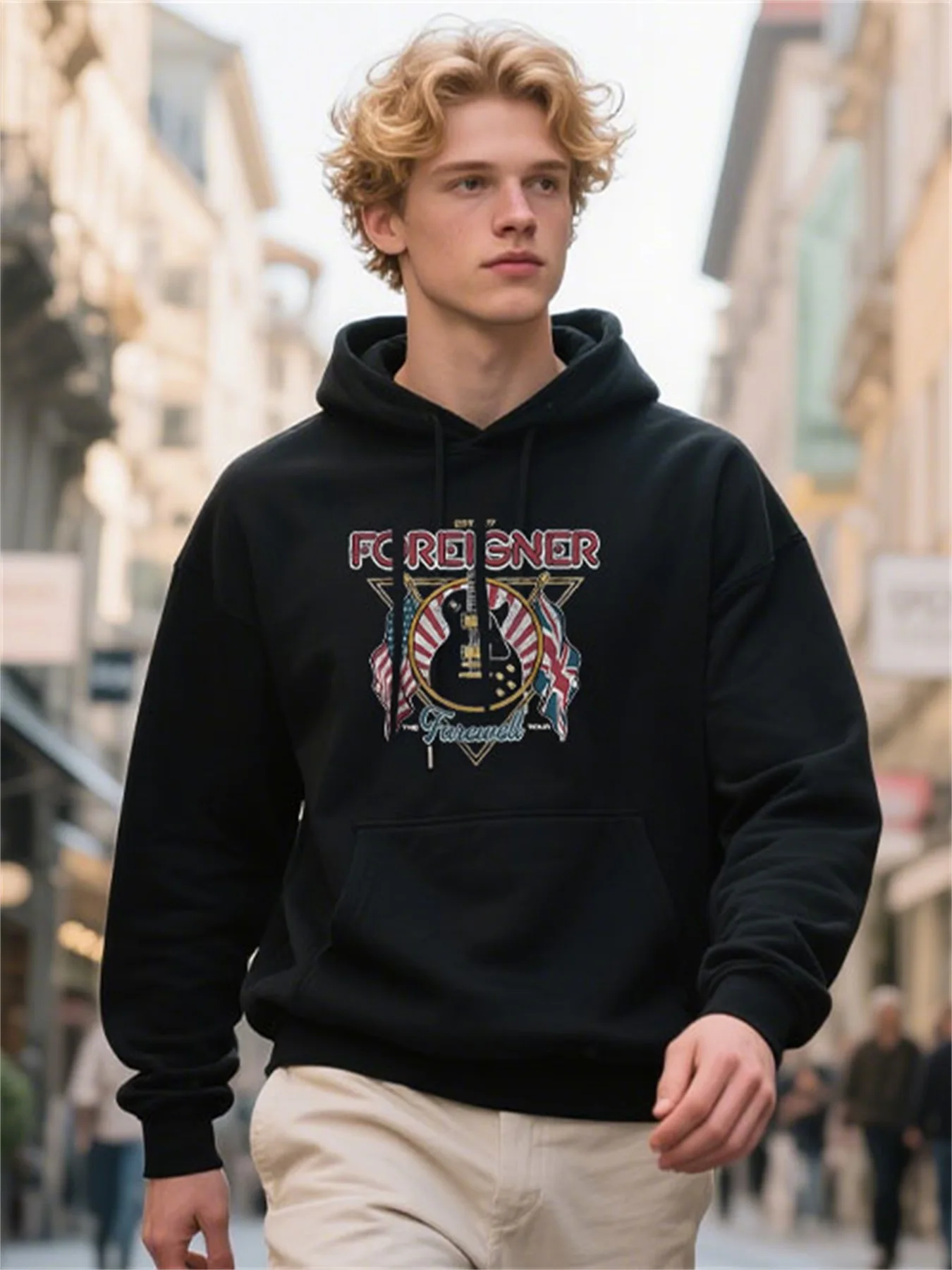 

Premium Cotton Graphic Hoodie With Colorful Foreigner Print, Cozy Classic Fit Pullover For Women’s Christmas Gifts And Outdoor