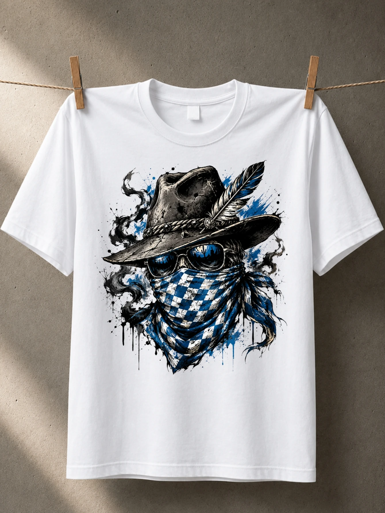 ed Bavarian Character Blue  Checked Face Cover Dark Shades Feathered Headgear Blue Ink Splash  Unisex All T-Shirt