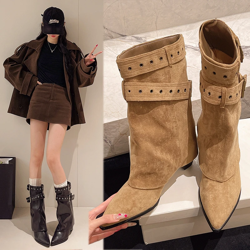 

Новинка 2025, женские ботильоны, осенние модные женские ботинки с пряжкой на ремне и острым носком на толстом каблуке, кожаные ботинки в стиле ретро, женские ботинки
