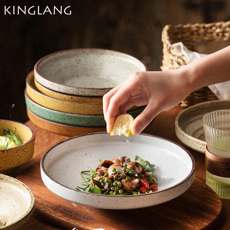 KINGLANG 2 Sizes Vintage Japanese Deep Plate Handmade Retro Dinner Plate Household Dish Plate Microwave Oven Safe Plate