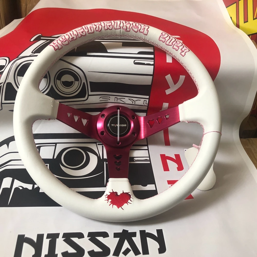 

Deep Heart 14Inch Racing Tiypeor Steering Wheel Drift Car Rally JDM MOMO White Leather Steering Wheel Volantes For VW HONDA BMW