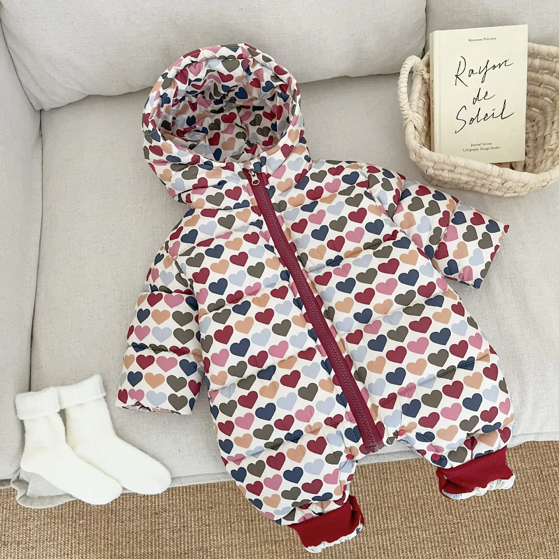 Baby Winter Cotton Jumpsuit Bodysuits for Baby Girls with Heart Printed Thick Outdoor Clothes Cute Baby Crawling Clothes