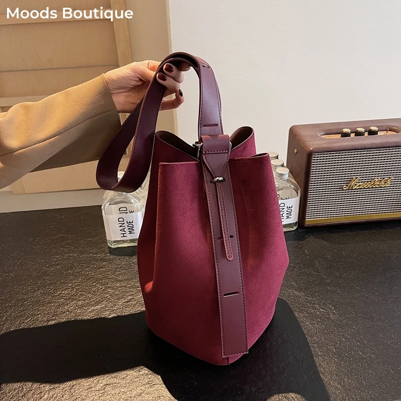 

Branded Frosted PU Leather Shoulder Bucket Bag Set For Women 2-IN-1 Faux Suede Big Capacity Shopper Tote Designer Handbag Luxury