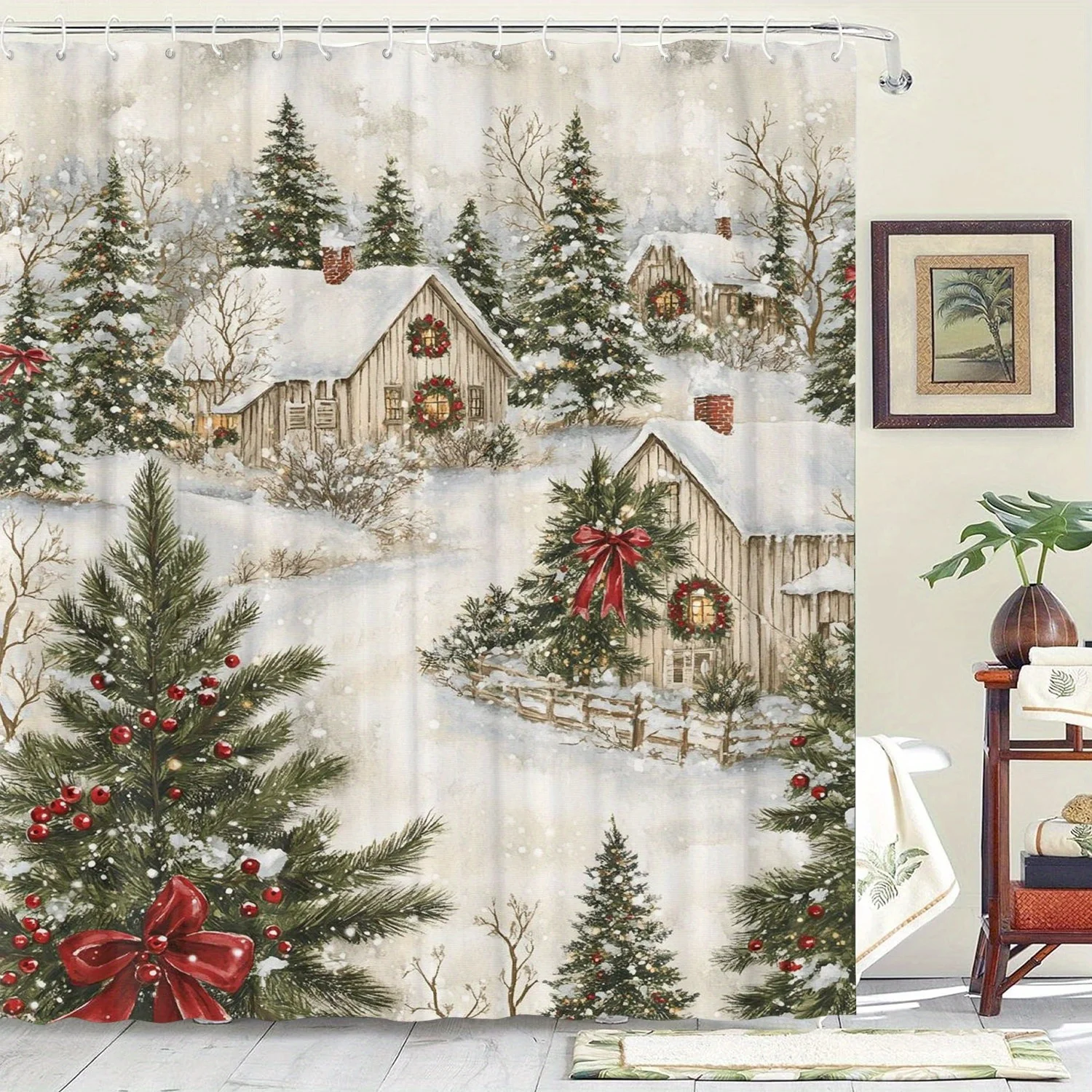 Water-Resistant Shower Curtain with Rustic Snowy Cabin Design Graphic Arts Theme  Non-Woven Fabric Bath Curtains